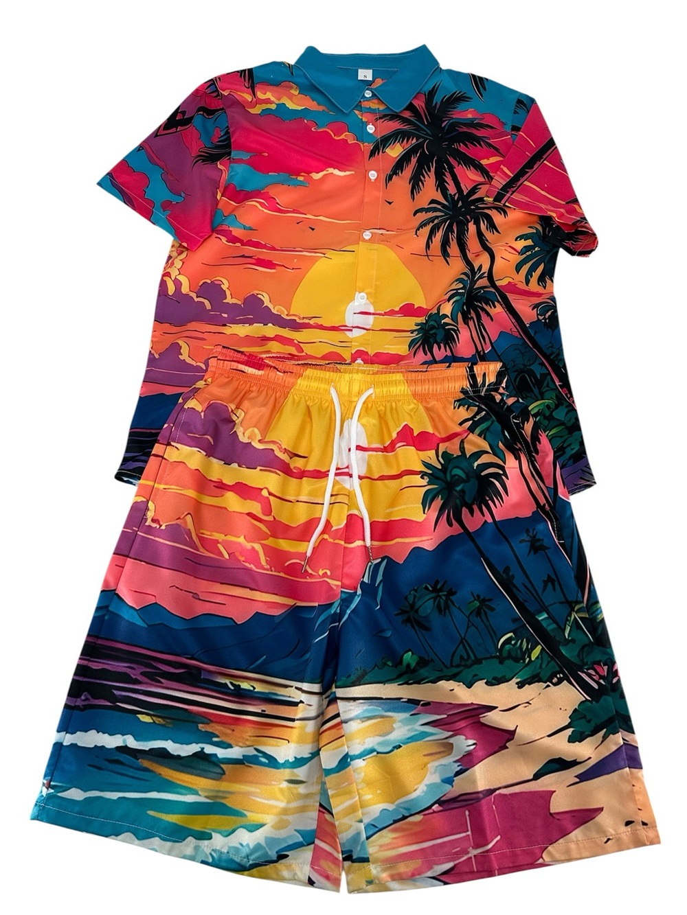 TROPICAL / Colorful Two Piece Summer Set Shirt & Shorts / Small / Tropical Pool